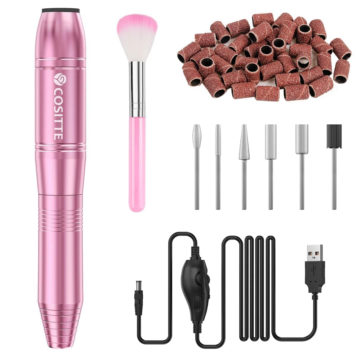 Lima eléctrica COSITTE rosa con USB para uñas, ideal para retoques fuera de casa.