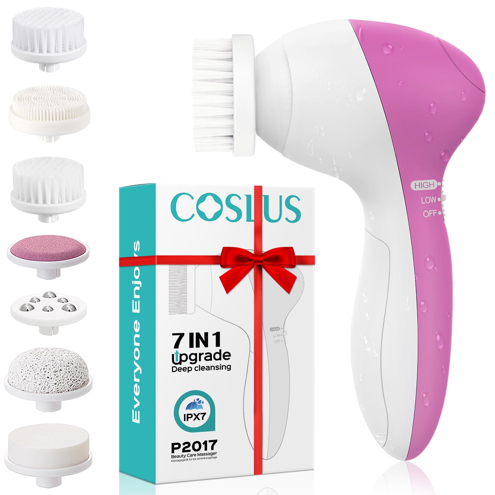 COSLUS 7-in-1 facial cleansing brush front view showing compact design for daily skincare.