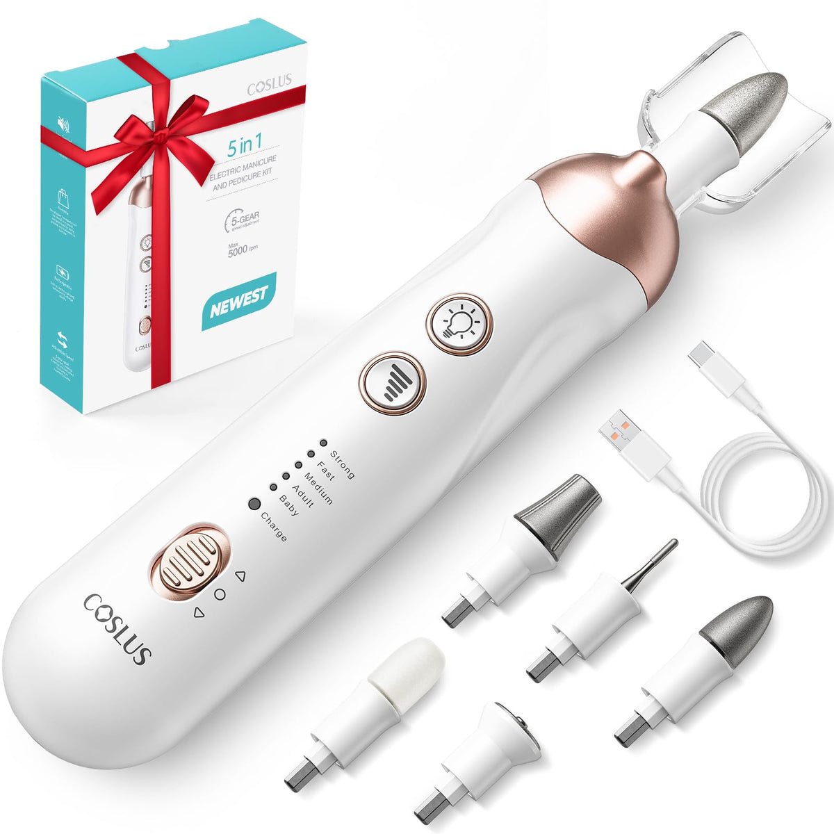 COSLUS C30 manicure-pedicure kit with LED light for precise filing.