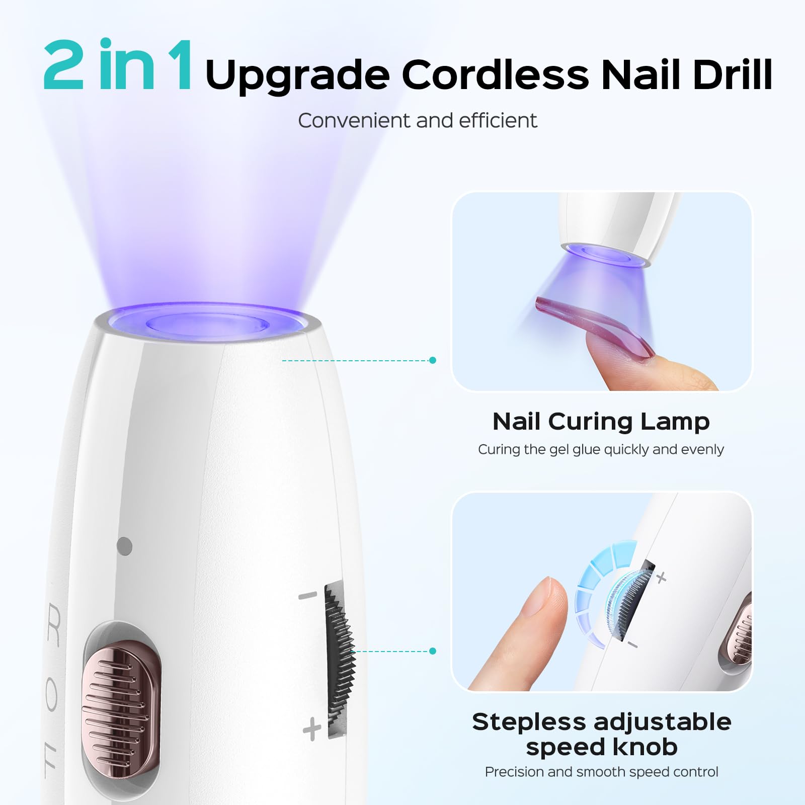 COSLUS C41 cordless nail drill with flash cure lamp demonstrates space-saving versatility.