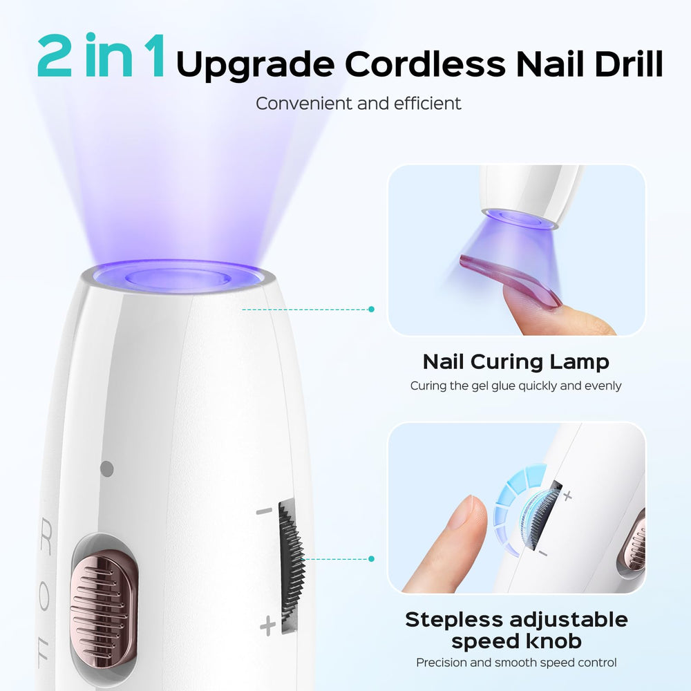 COSLUS C41 cordless nail drill with flash cure lamp demonstrates space-saving versatility.