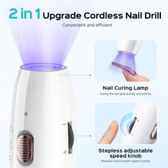 COSLUS C41 cordless nail drill with flash cure lamp demonstrates space-saving versatility.