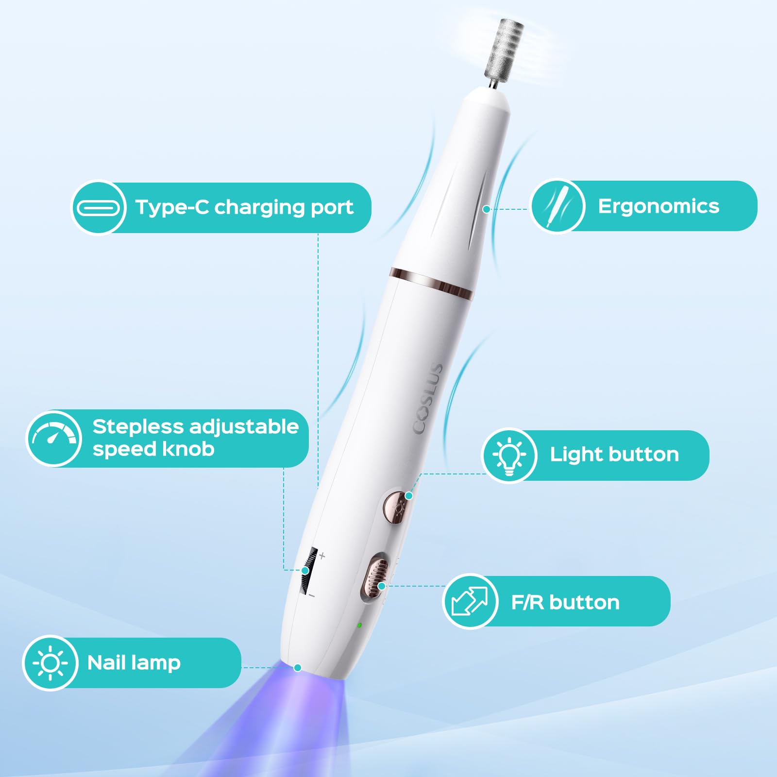 COSLUS C41 long battery life enables hours of cordless nail care.