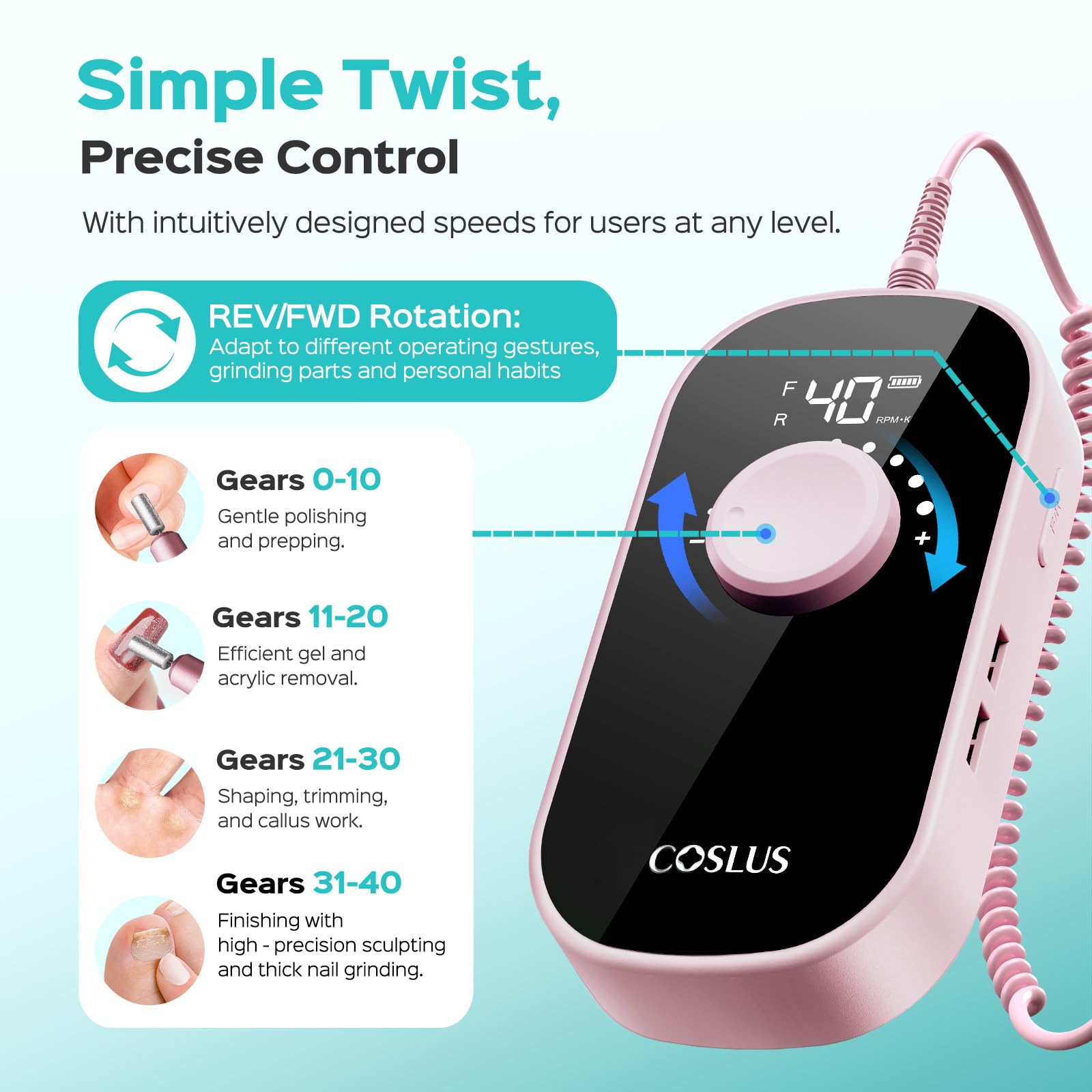 COSLUS E51 40-speed control covers gentle to high-precision tasks.