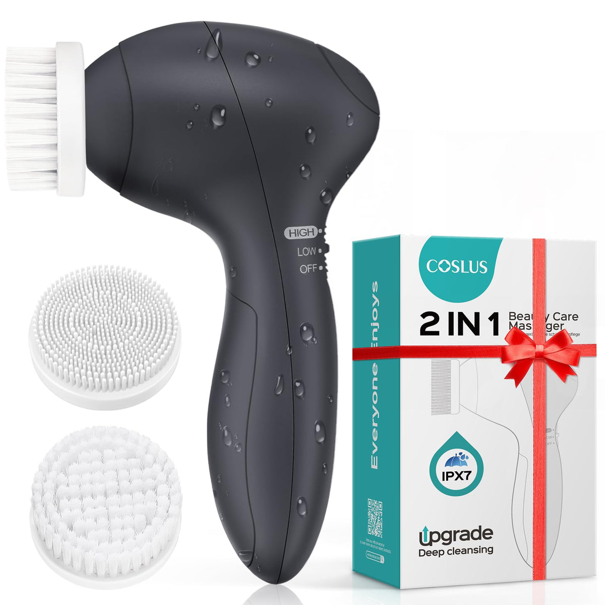 Coslus Face Scrubber dual-speed control for gentle cleansing and sensitive skin.