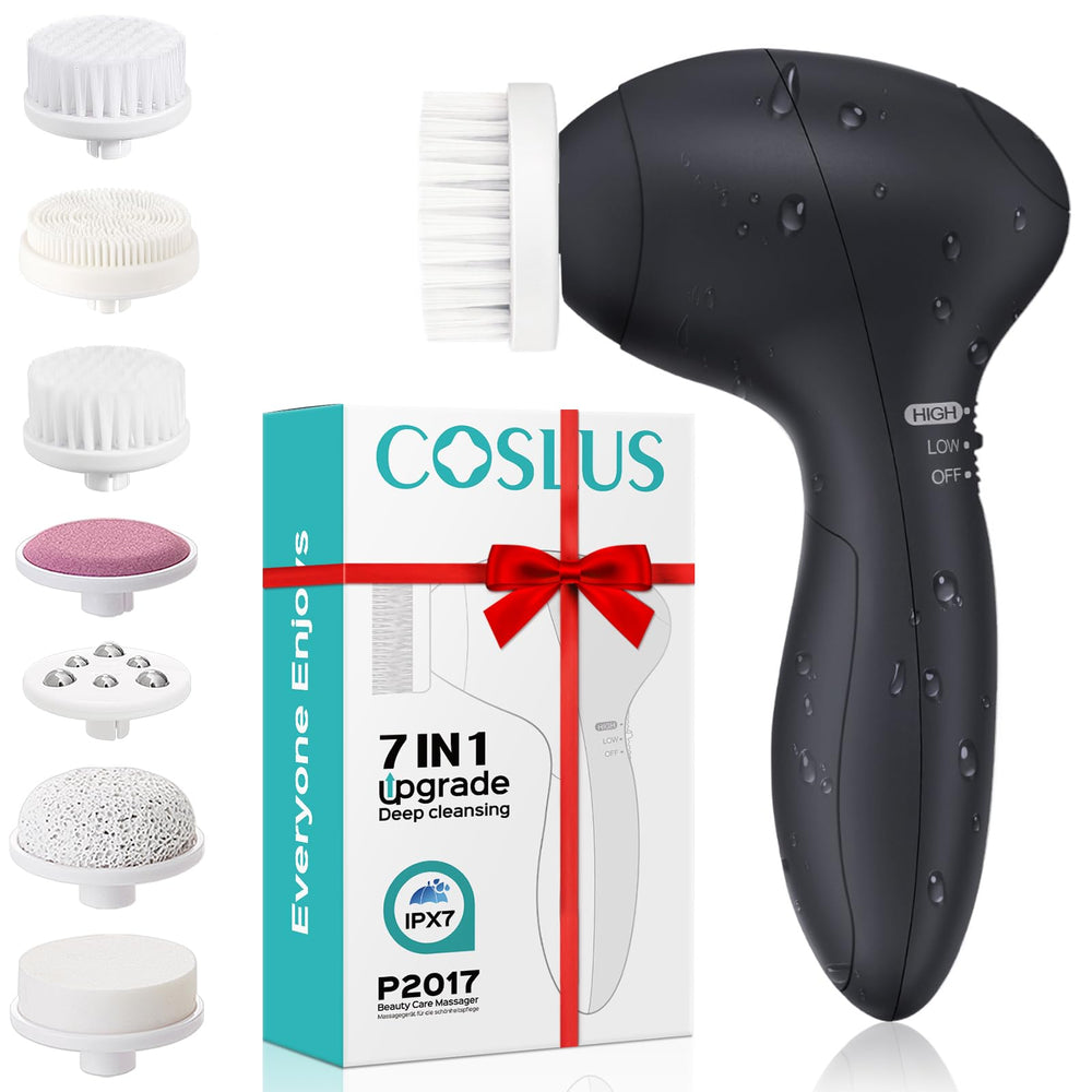 COSLUS facial cleansing brush 7-in-1 setup enhances daily cleansing and exfoliation