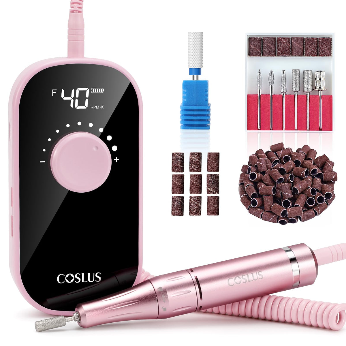 COSLUS nail drill with 40K RPM motor for smooth shaping.