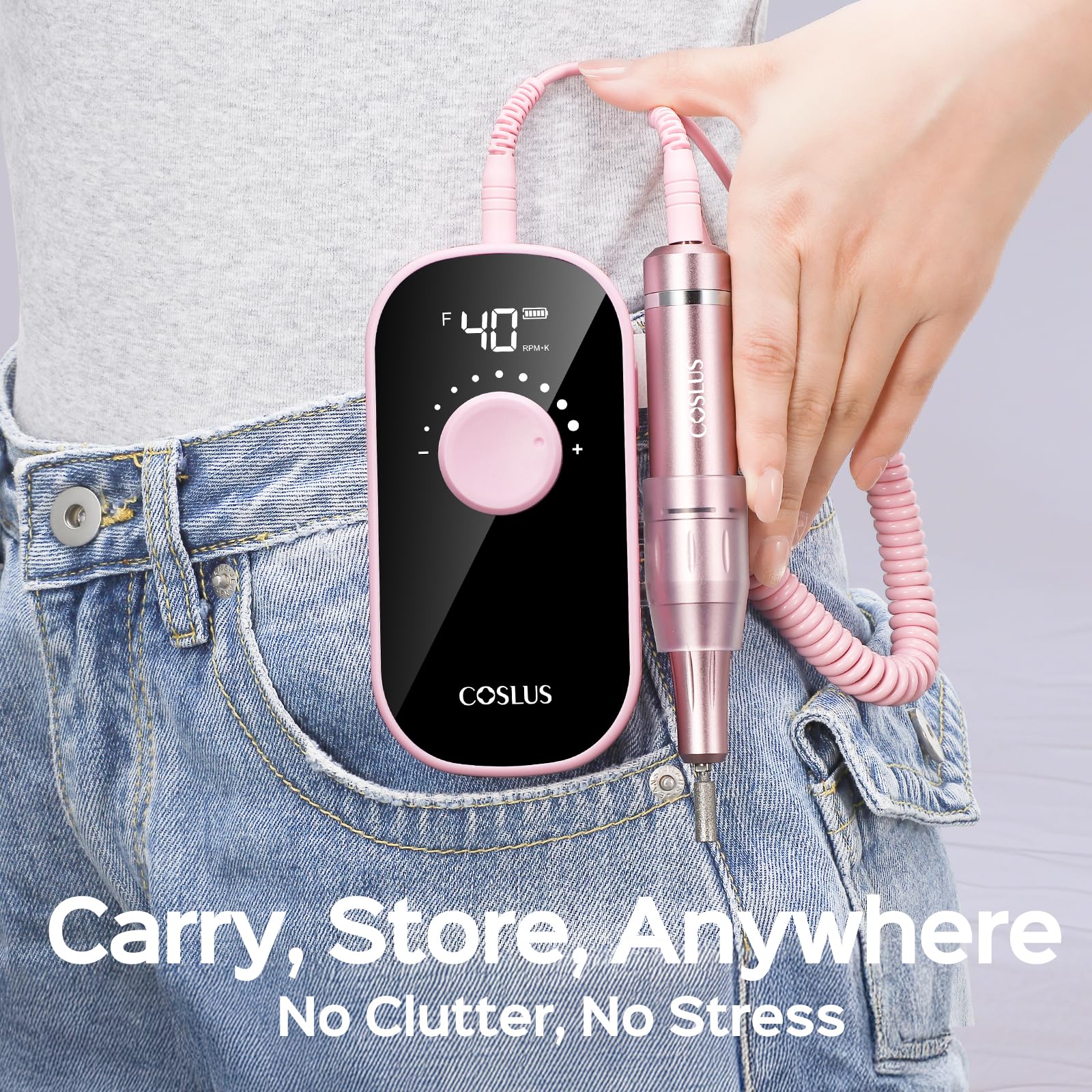 COSLUS nail drill fast charging for quick readiness.