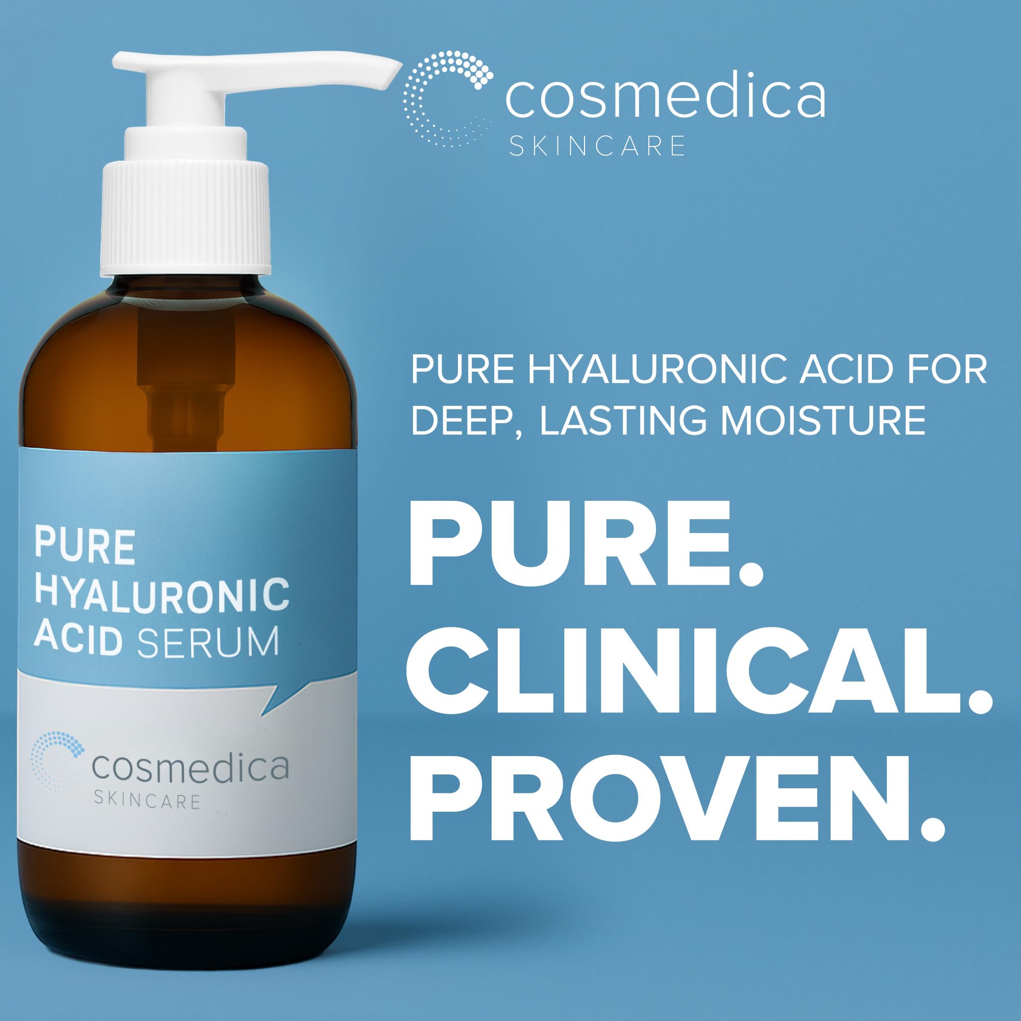 Cosmedica Skincare Hyaluronic Acid Serum bottle closeup highlights a non-greasy finish