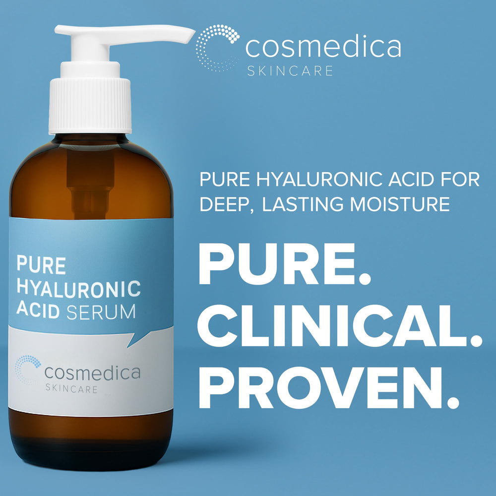 Cosmedica Skincare Hyaluronic Acid Serum bottle closeup highlights a non-greasy finish