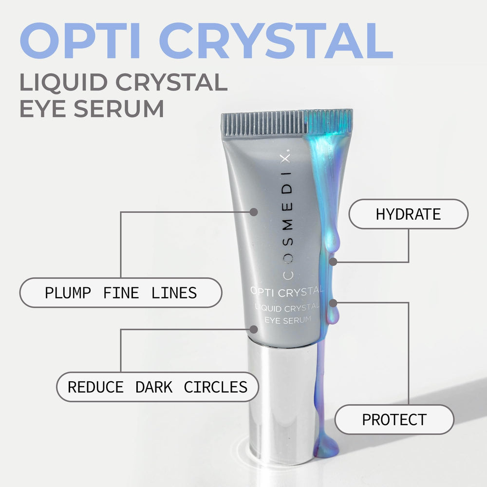 Close-up of the COSMEDIX Opti Crystal dropper releasing serum for hydrating eye care