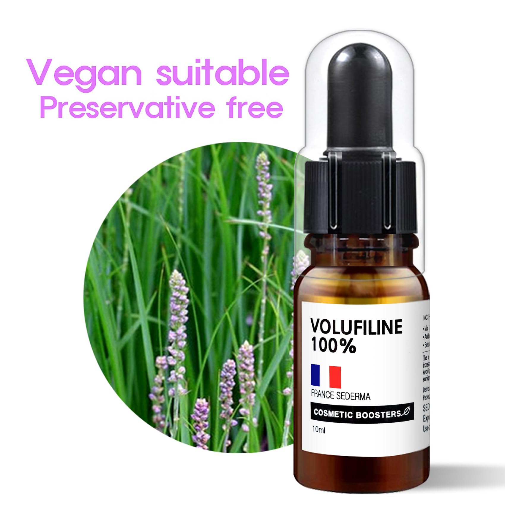 Close-up of Volufiline label highlighting purity and brand.