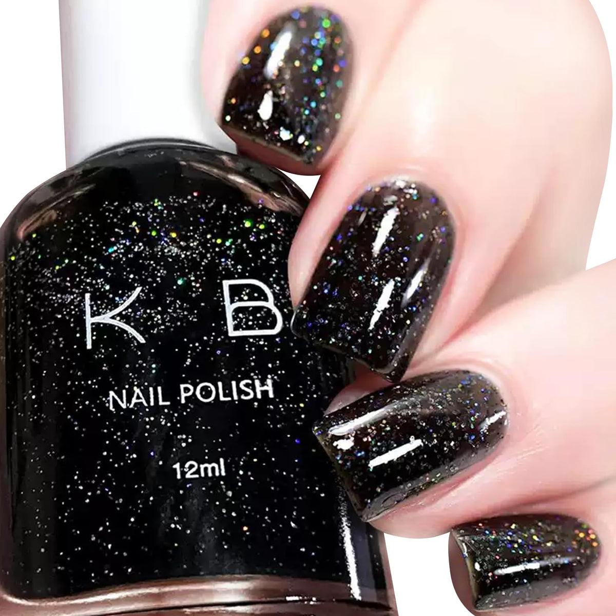 COSMOO black glitter nail polish bottle with shimmering finish for glam nails.