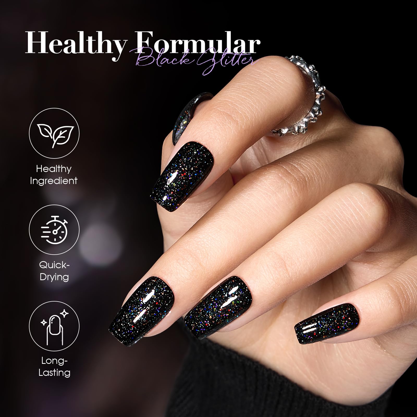 COSMOO chip-resistant glitter polish shows durable sparkle on nails.