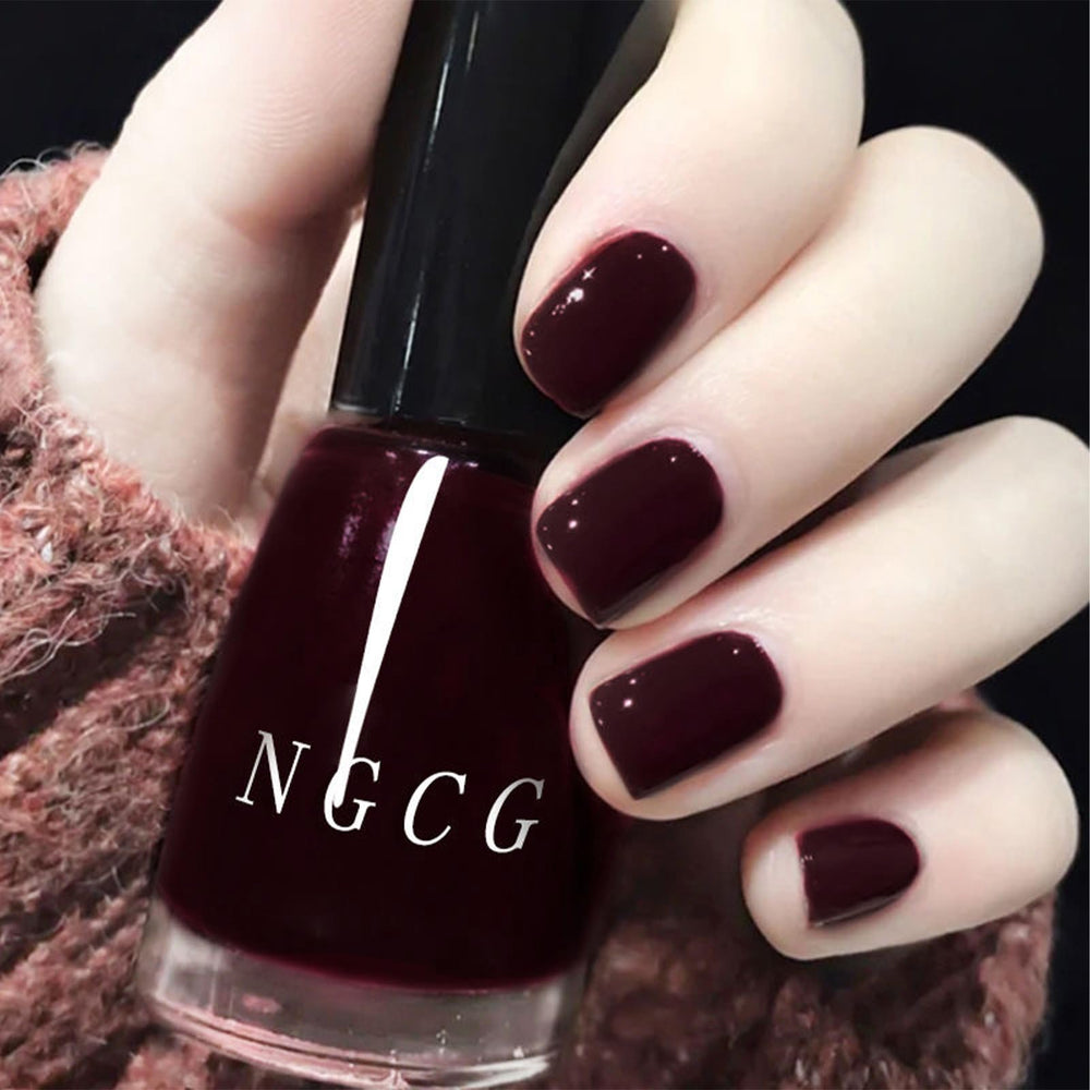 COSMOO dark red nail polish bottle showing a rich brown-red shade for at-home manicures.