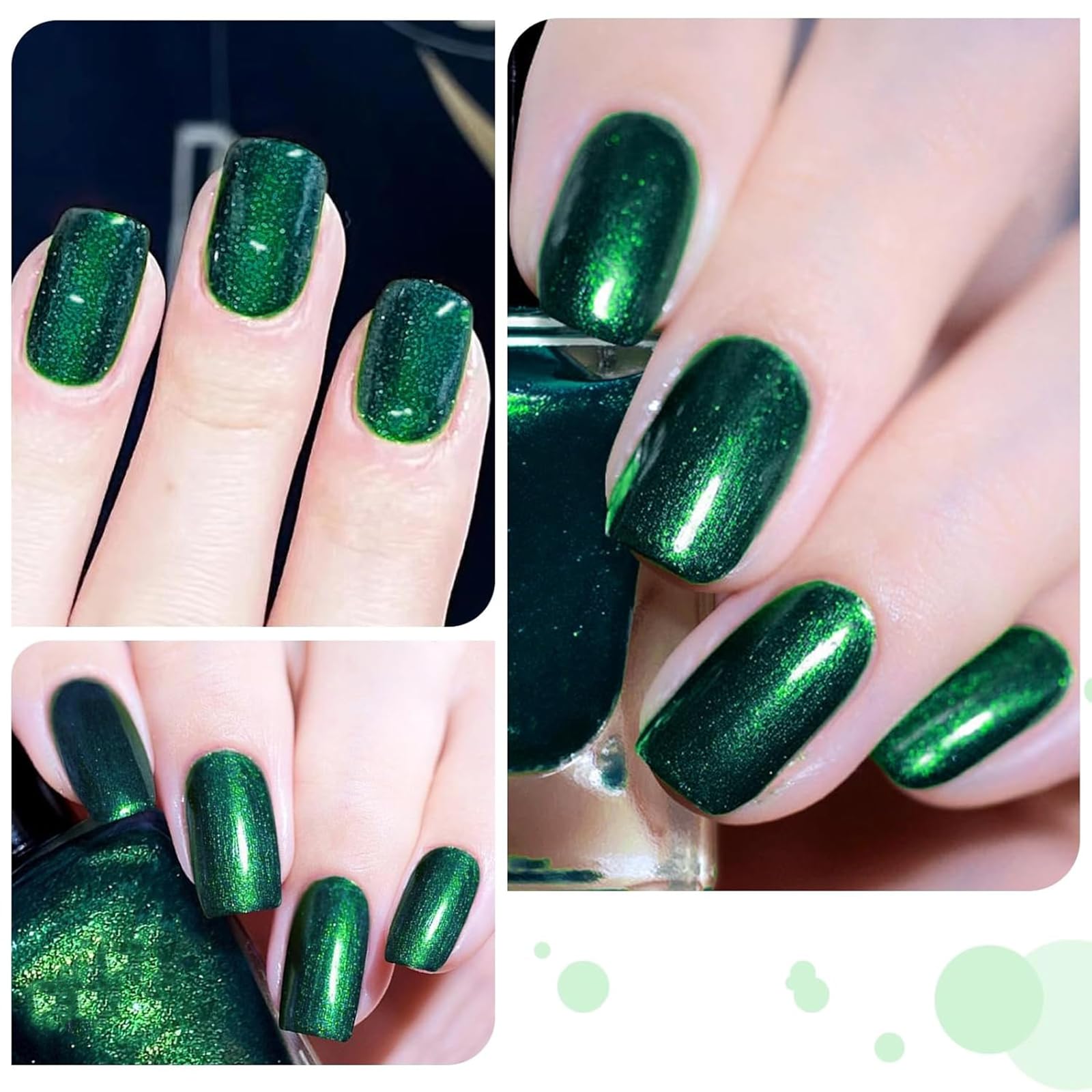 COSMOO Glitter Dark Green Nail Polish in use demonstrates quick-dry performance without lamp.