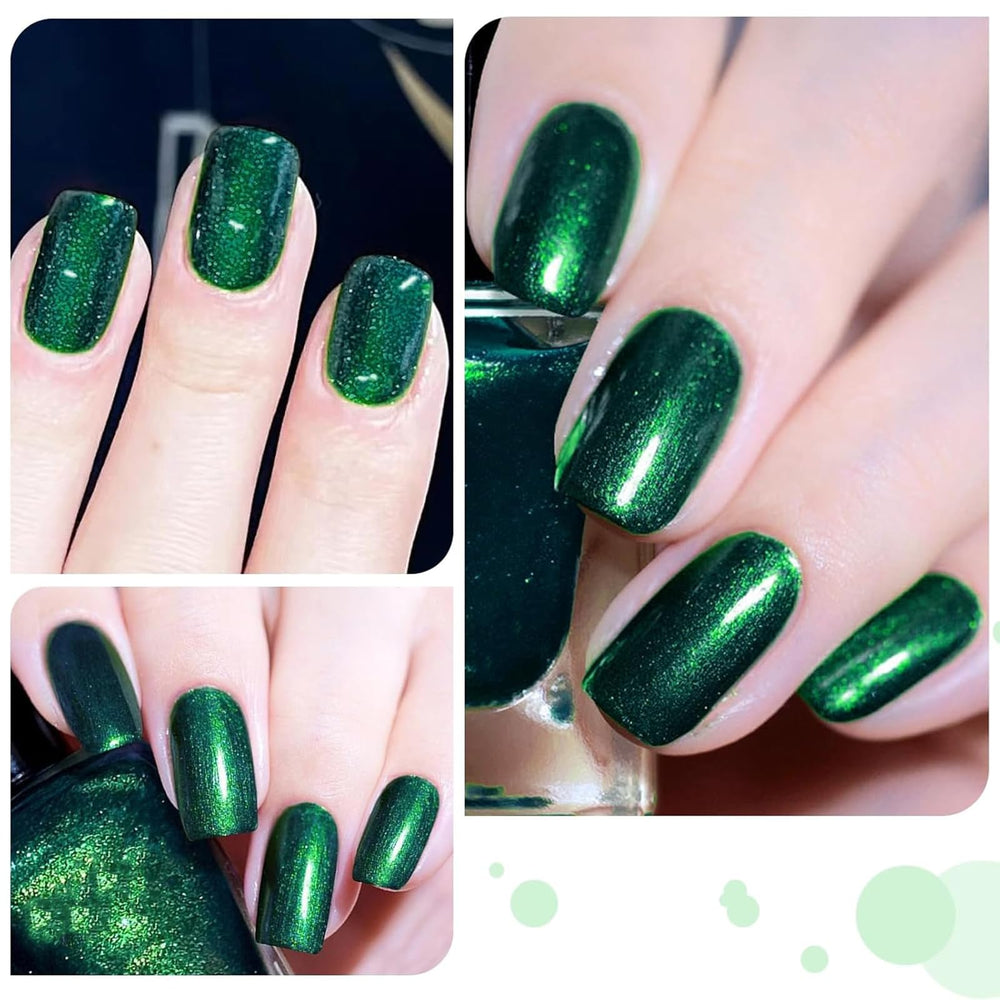 COSMOO Glitter Dark Green Nail Polish in use demonstrates quick-dry performance without lamp.