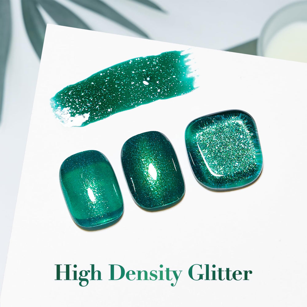 COSMOO Glitter Dark Green Nail Polish close-up highlights micro-glitter that catches light.