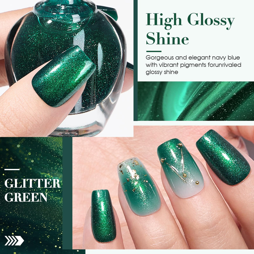 COSMOO Glitter Dark Green Nail Polish swatches show deep base with emerald sparkle.