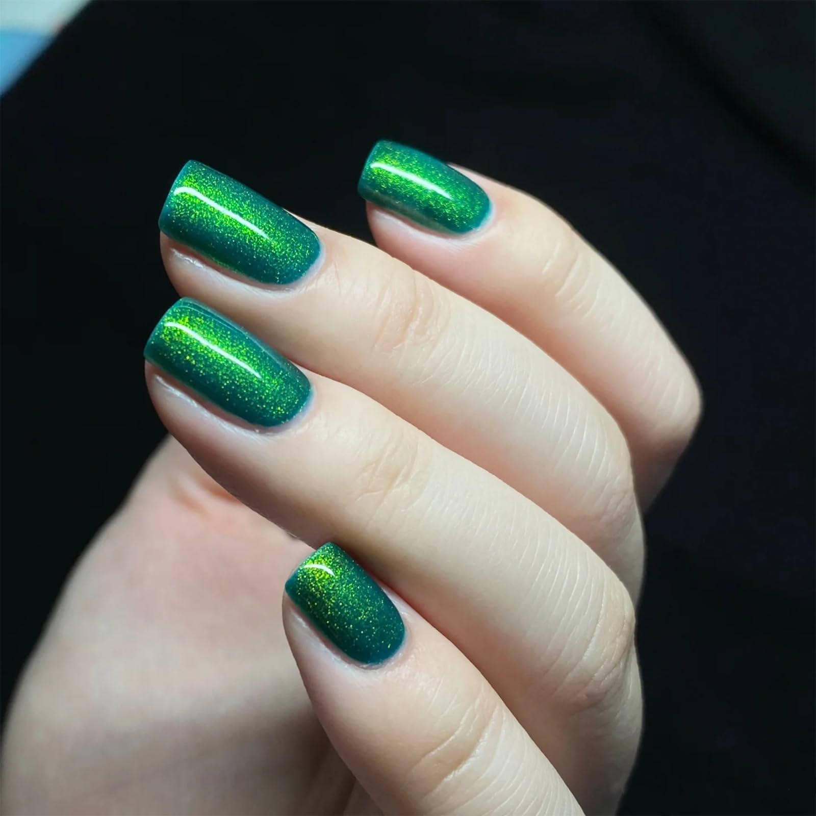 COSMOO Glitter Dark Green Nail Polish with top coat layering for longer-lasting shine.