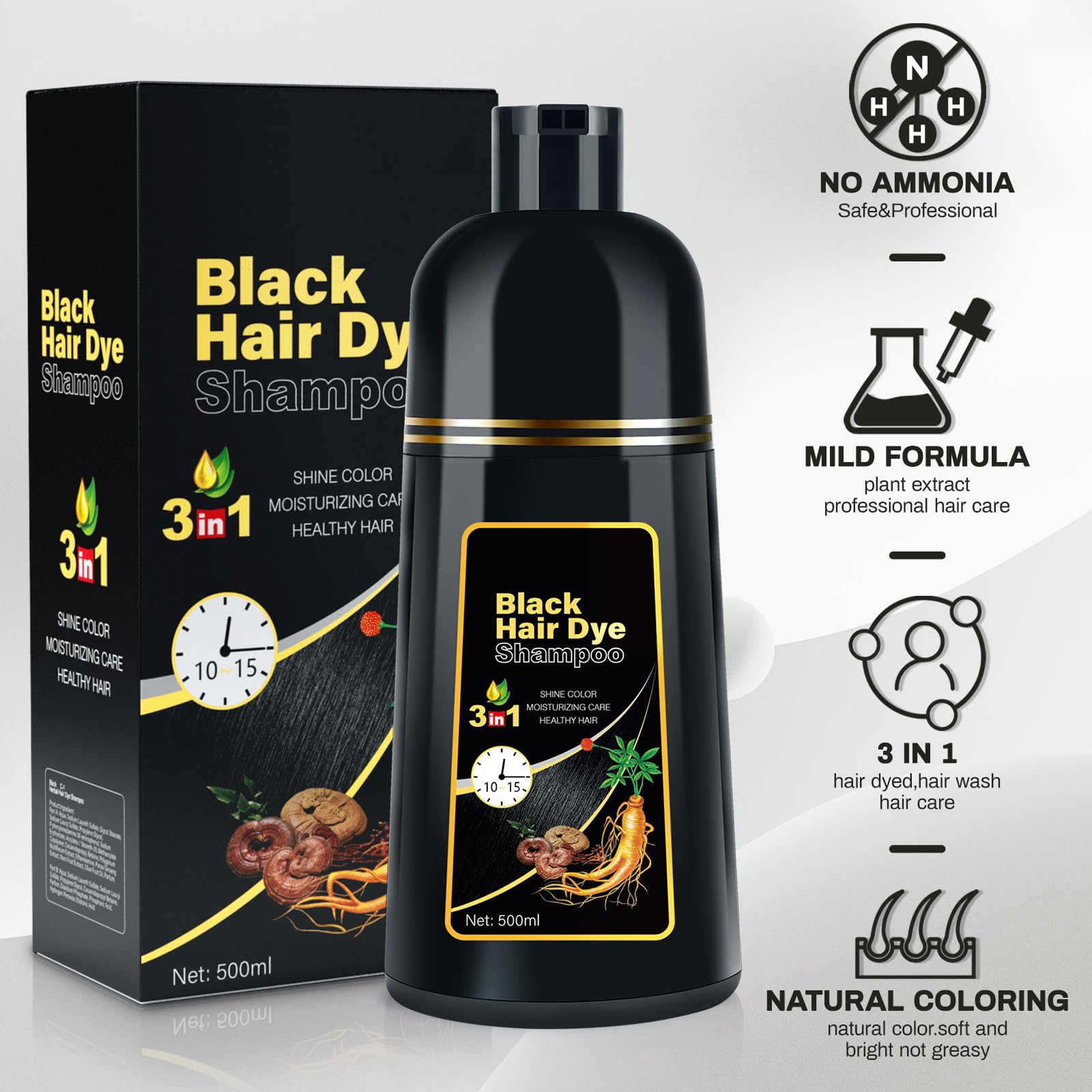 Cosmpro champú para canas ofrece color negro natural y brillo suave en el cabello.