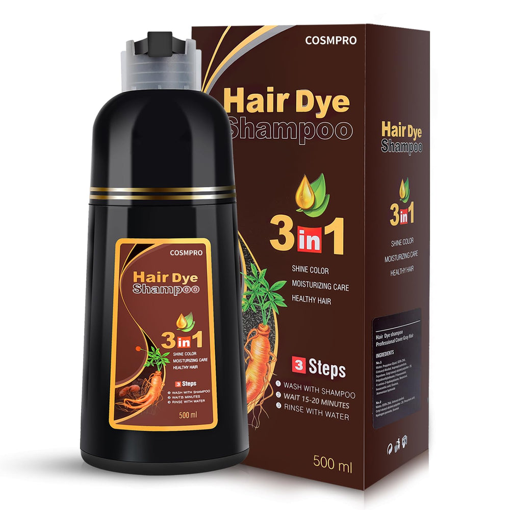 Cosmpro Chestnut Brown Hair Dye Shampoo bottle for gray hair coverage.
