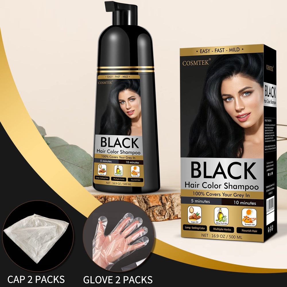 COSMTEK Black Dye Shampoo applied to gray hair for natural darkening effect.