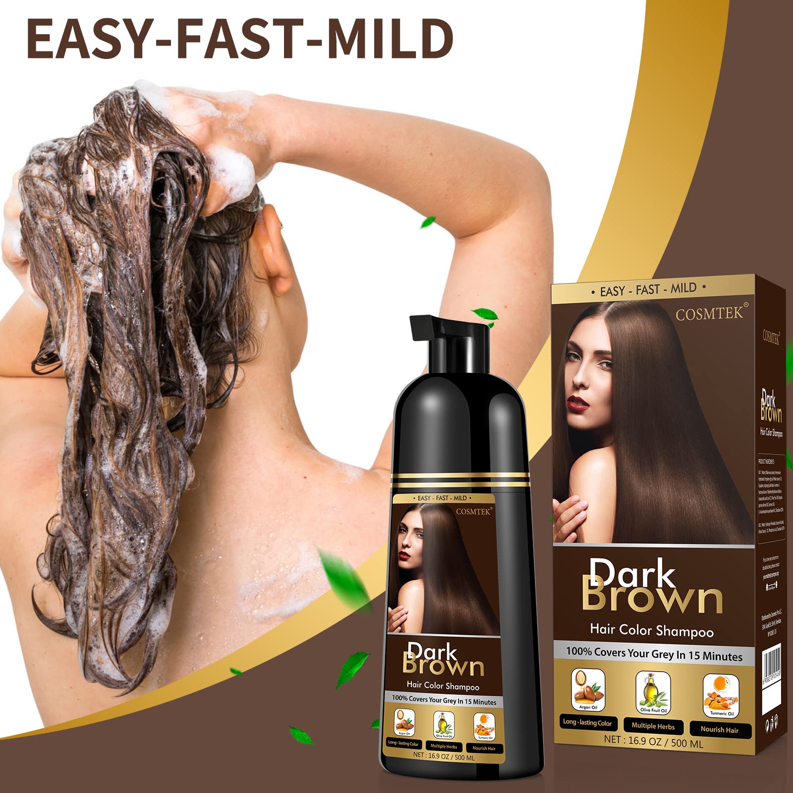 COSMTEK Dark Brown Hair Dye Shampoo application demonstrates easy 15-20 minute color process.