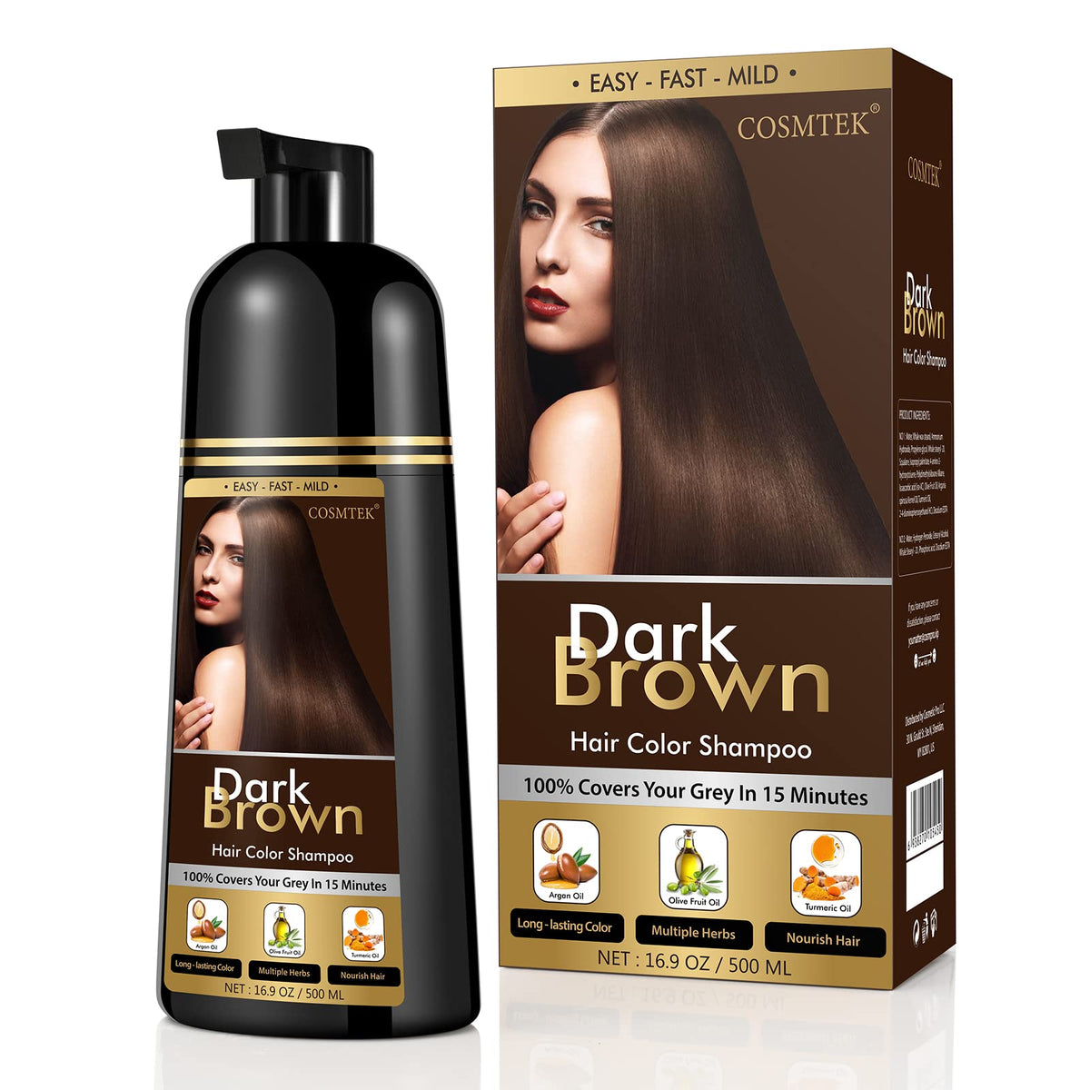 COSMTEK Dark Brown Hair Dye Shampoo bottle shows ammonia-free herbal formula for safe touch-ups.