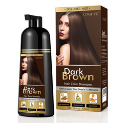 COSMTEK Dark Brown Hair Dye Shampoo bottle shows ammonia-free herbal formula for safe touch-ups.