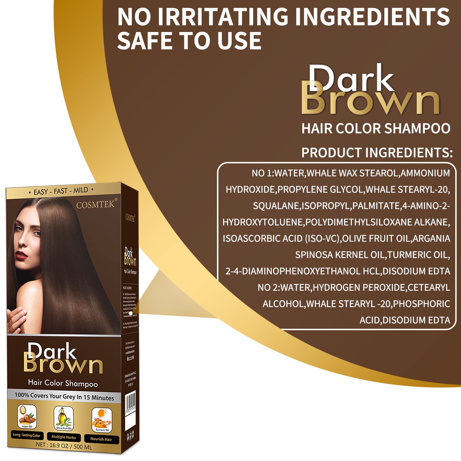 COSMTEK Dark Brown Hair Dye Shampoo after-use shine and smoothness.