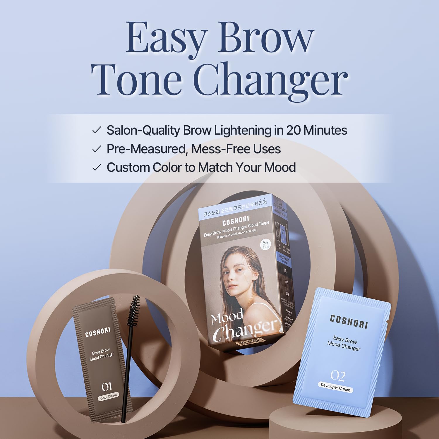 COSNORI Easy Brow Mood Changer Cloud Taupe, polvo premedido para una mezcla rápida y uniforme.