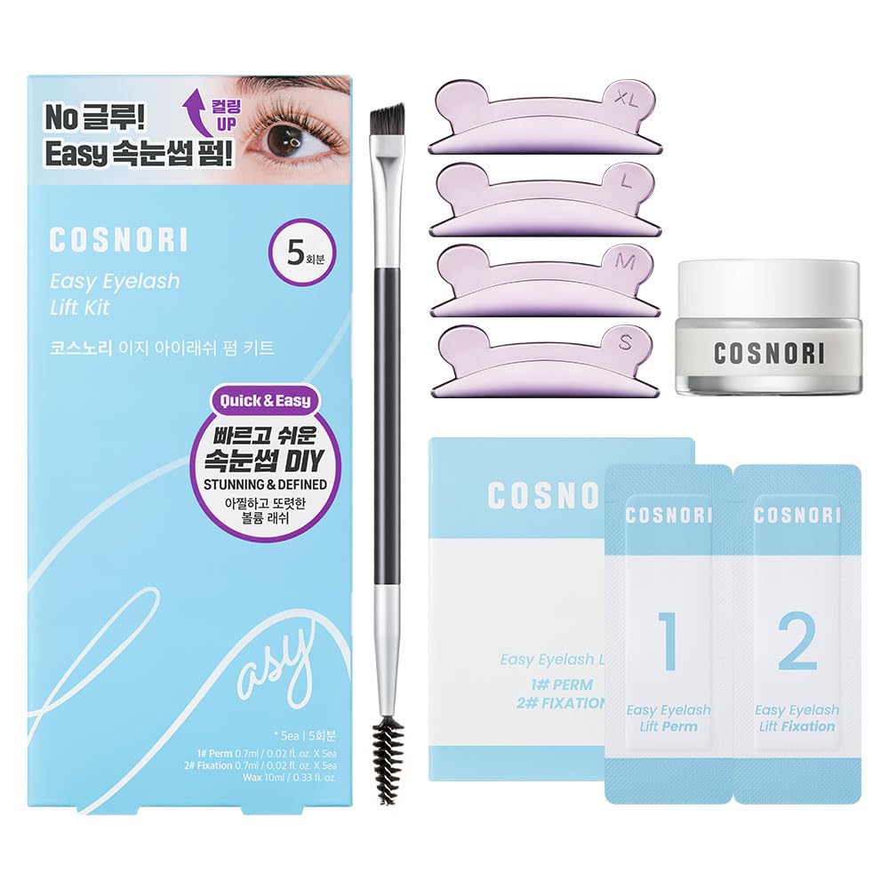 COSNORI Easy Eyelash Lift Kit packaging shows all-in-one at-home solution for lash lifting