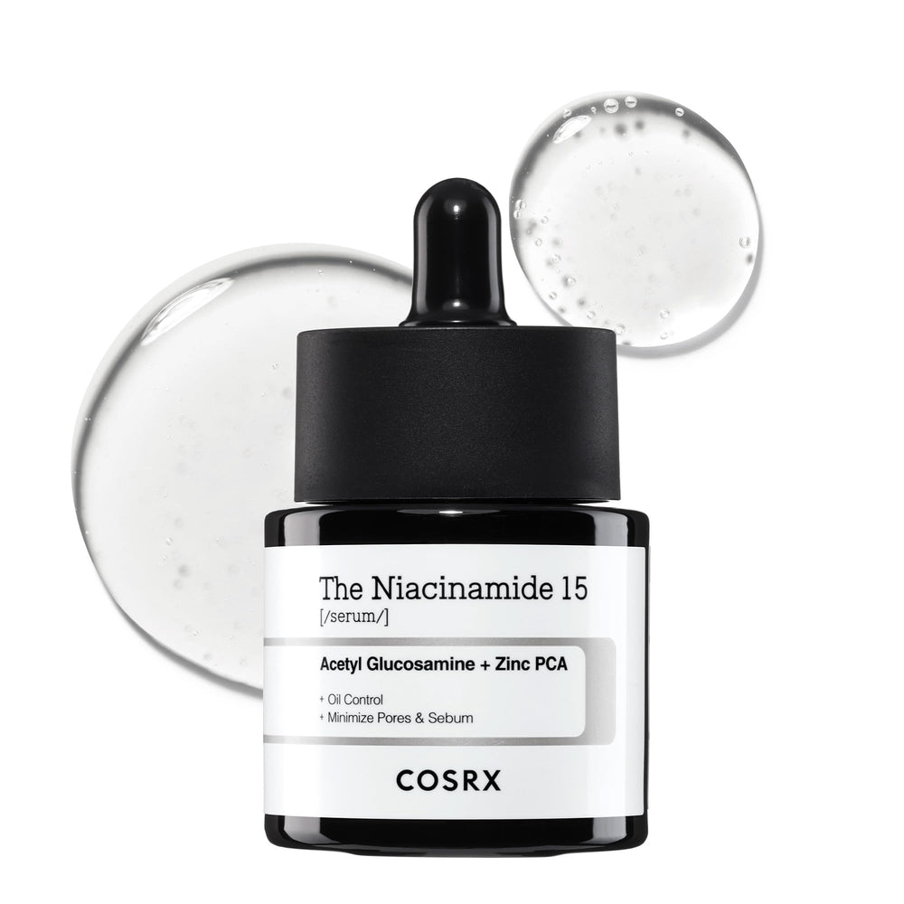 COSRX 15% Niacinamide Serum bottle shows concentrated formula for pore refinement