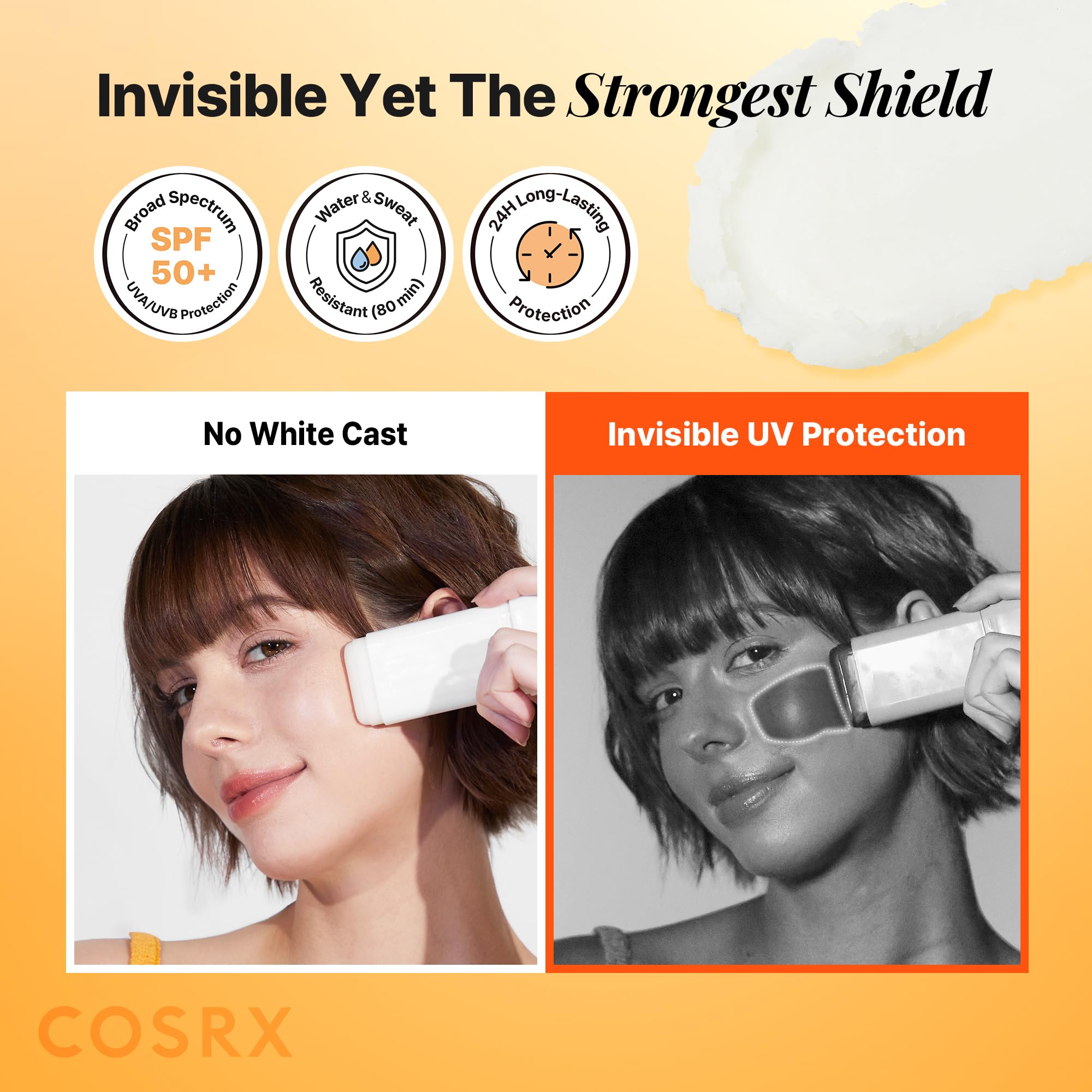 COSRX Airy-Light sunscreen stick showing no white cast on skin