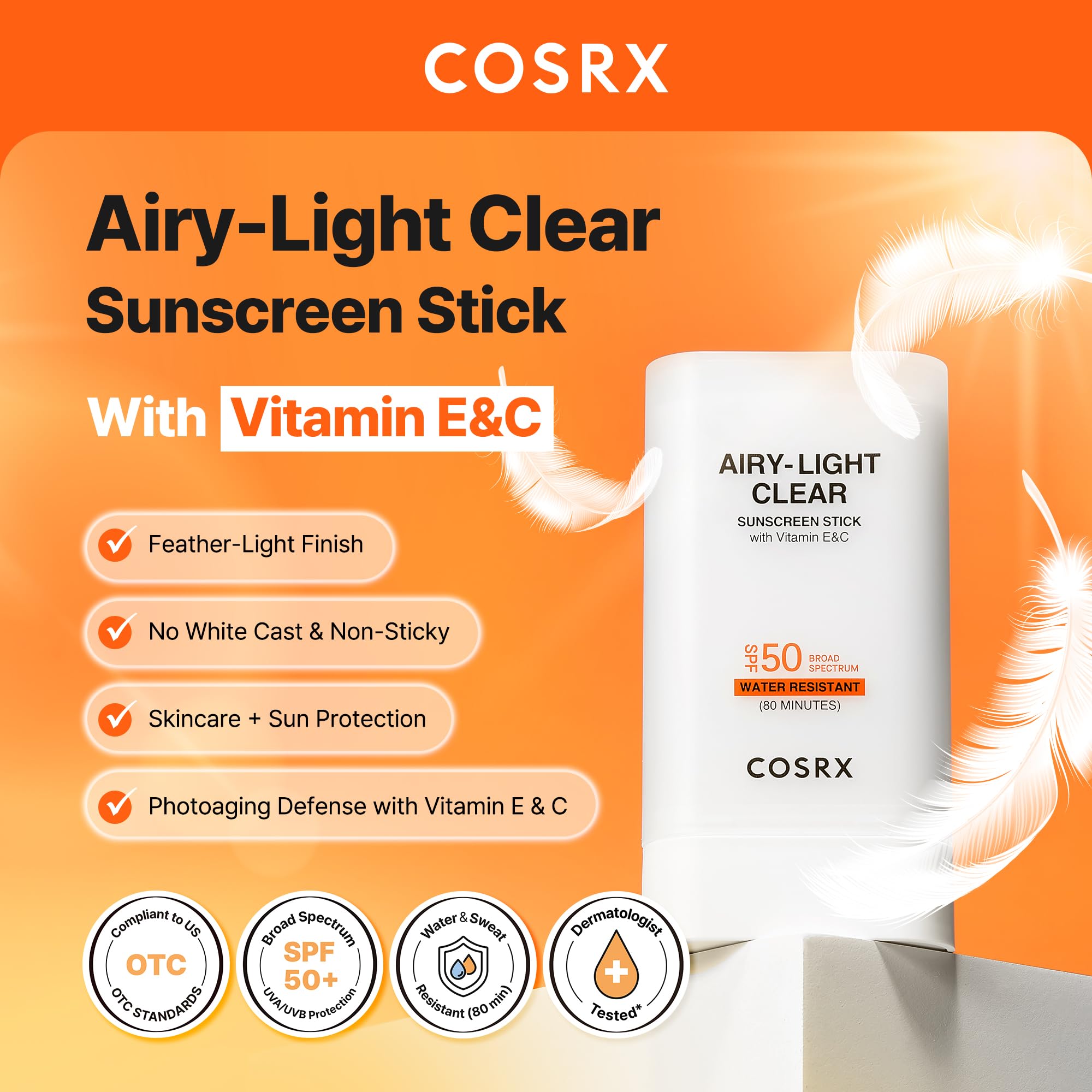 COSRX Airy-Light sunscreen stick packaging highlighting travel-friendly design