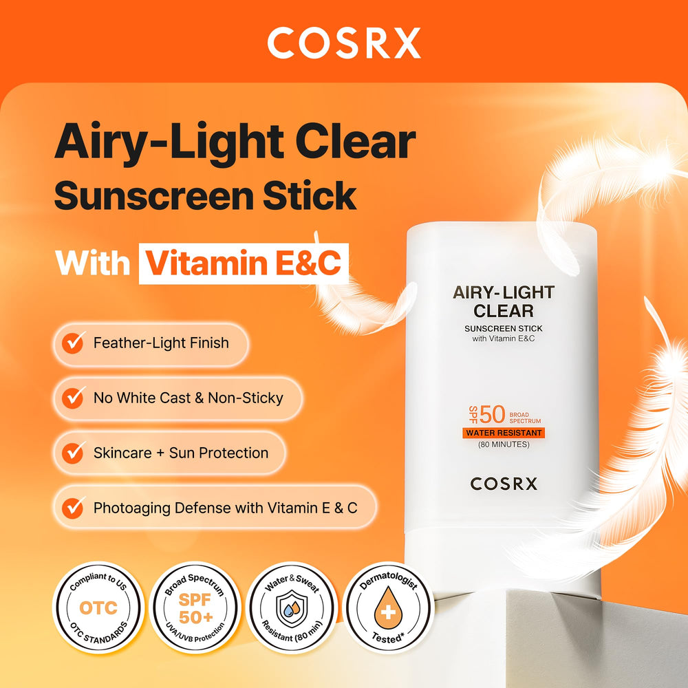 COSRX Airy-Light sunscreen stick packaging highlighting travel-friendly design