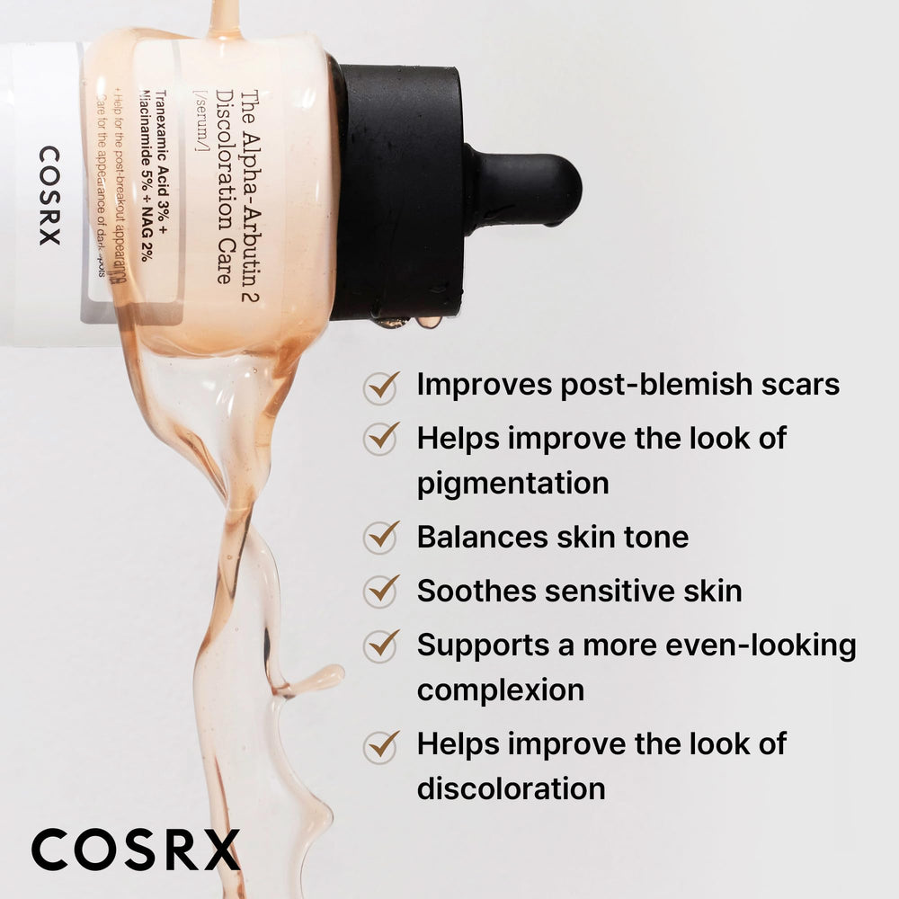 COSRX discoloration improvement close-up on face with alpha arbutin serum