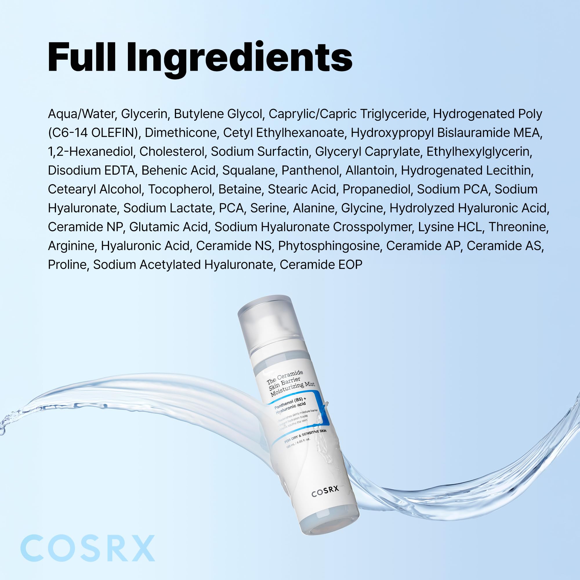 COSRX Barrier Cream Face Mist formula infographic highlights moisture retention