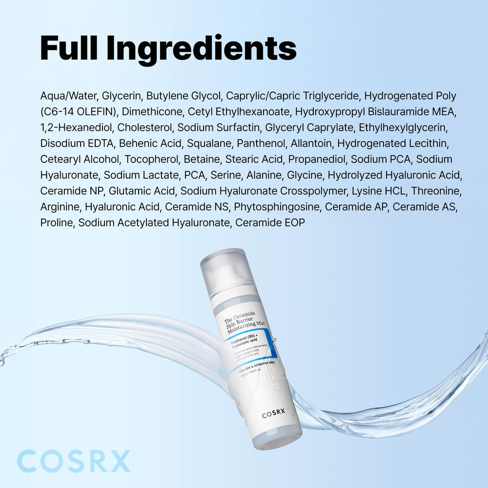COSRX Barrier Cream Face Mist formula infographic highlights moisture retention