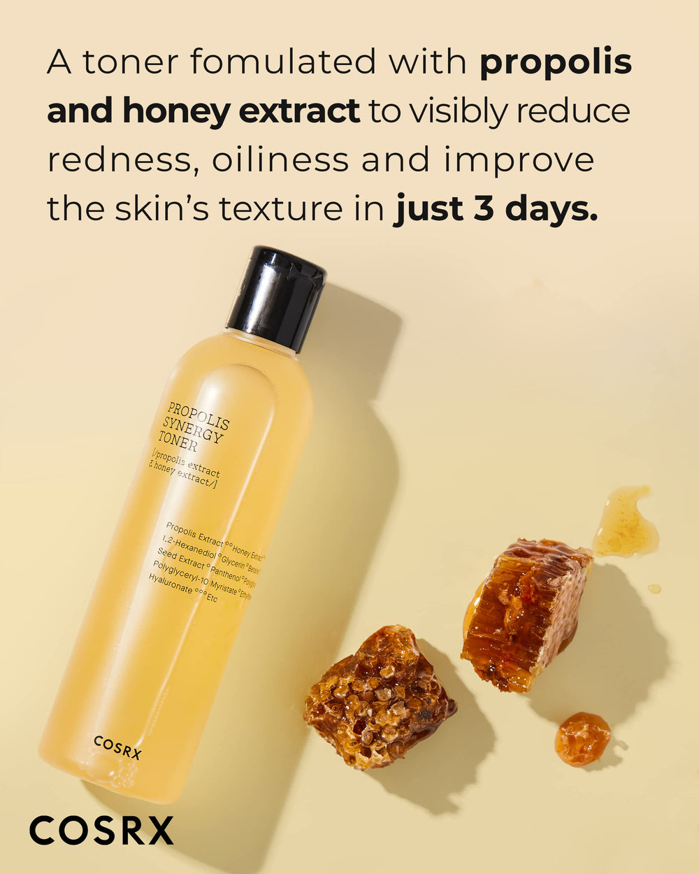COSRX Full Fit Propolis Synergy Tónico, aplicación en la palma, sensación refrescante para siguientes pasos.
