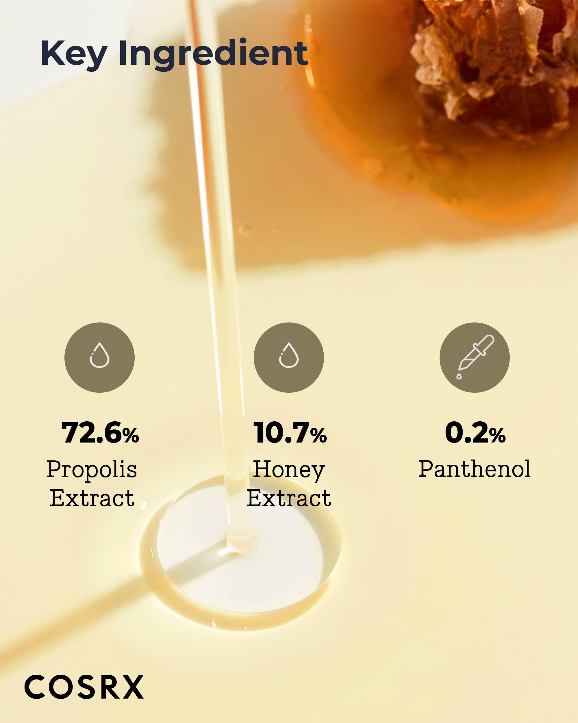 COSRX Full Fit Propolis Synergy Tónico, ingredientes clave propóleos y miel que nutren la rutina.