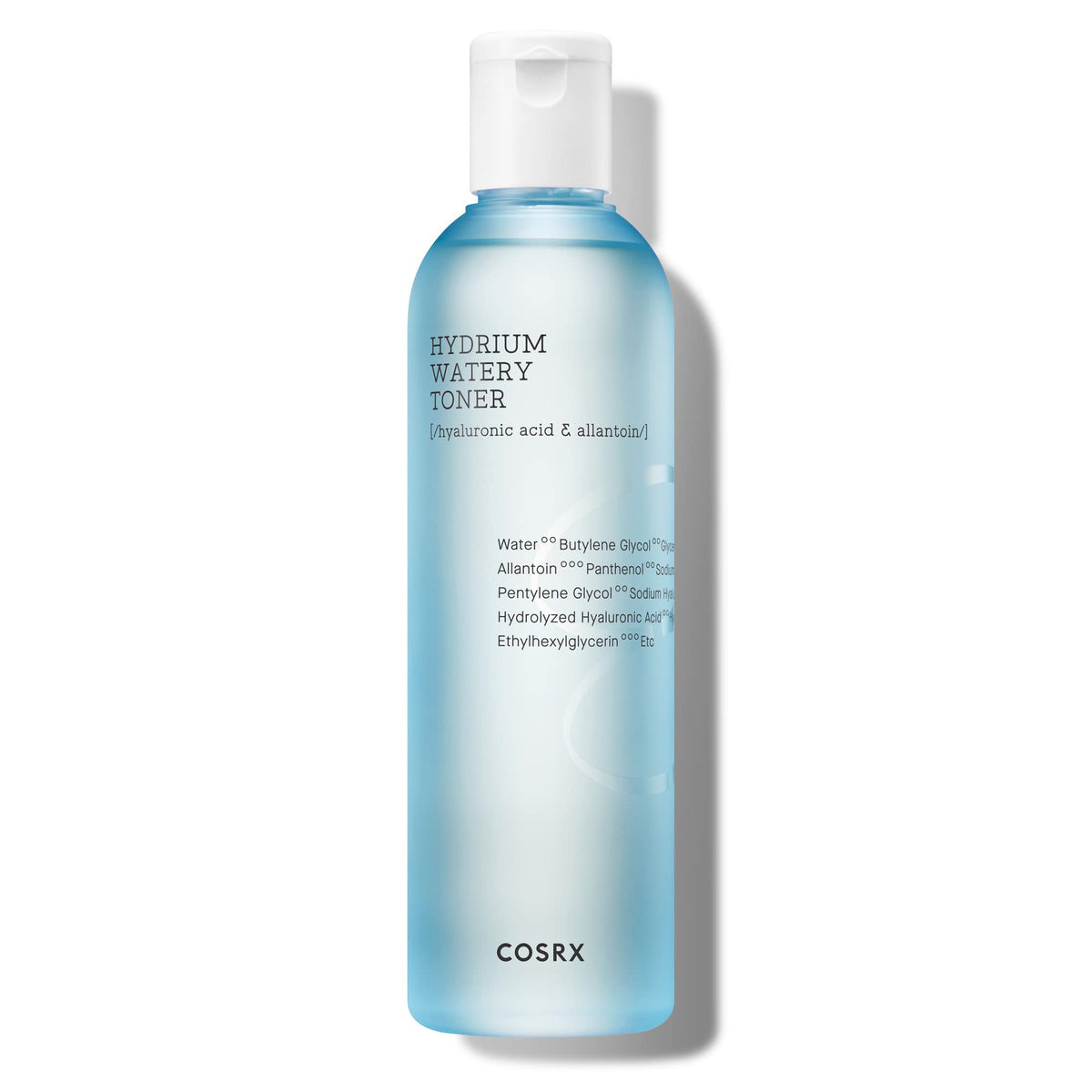 COSRX Hydrium Watery Toner, botella de vidrio, hidratación suave para piel normal y sensible.