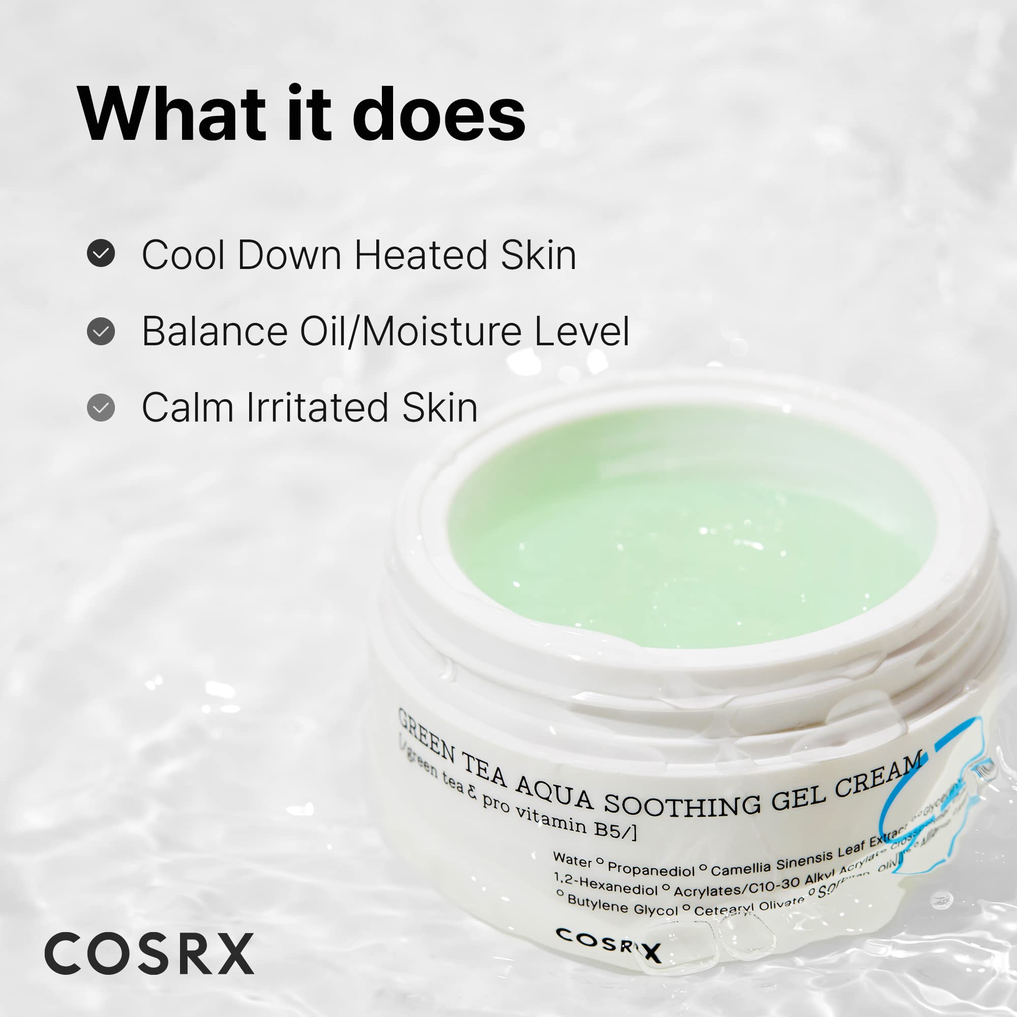 COSRX Hydrium gel crema, contiene té verde y D-Pantenol para suavidad.