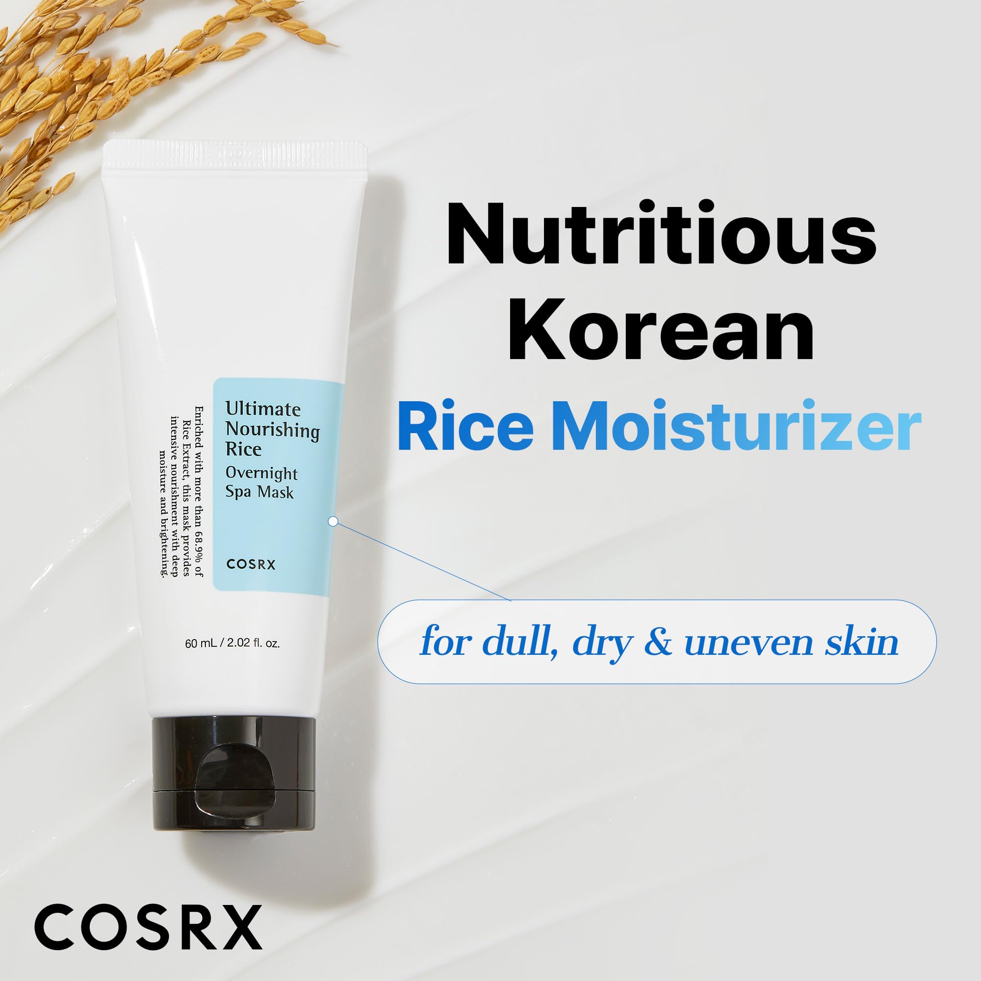 COSRX ingredientes arroz 68% resaltando suavidad y nutrición para la piel.
