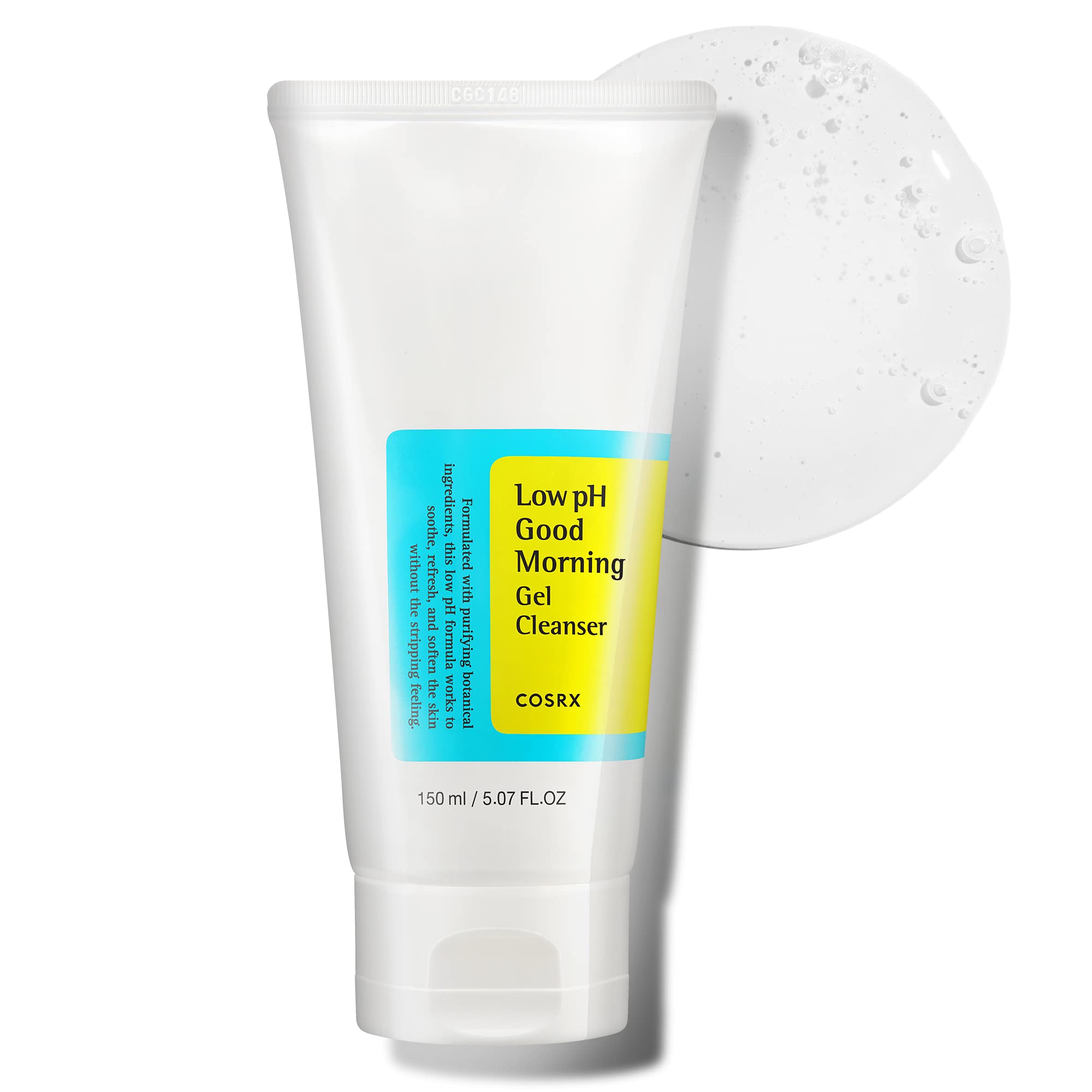 COSRX limpiador en gel de bajo pH en botella, limpieza suave para piel sensible.