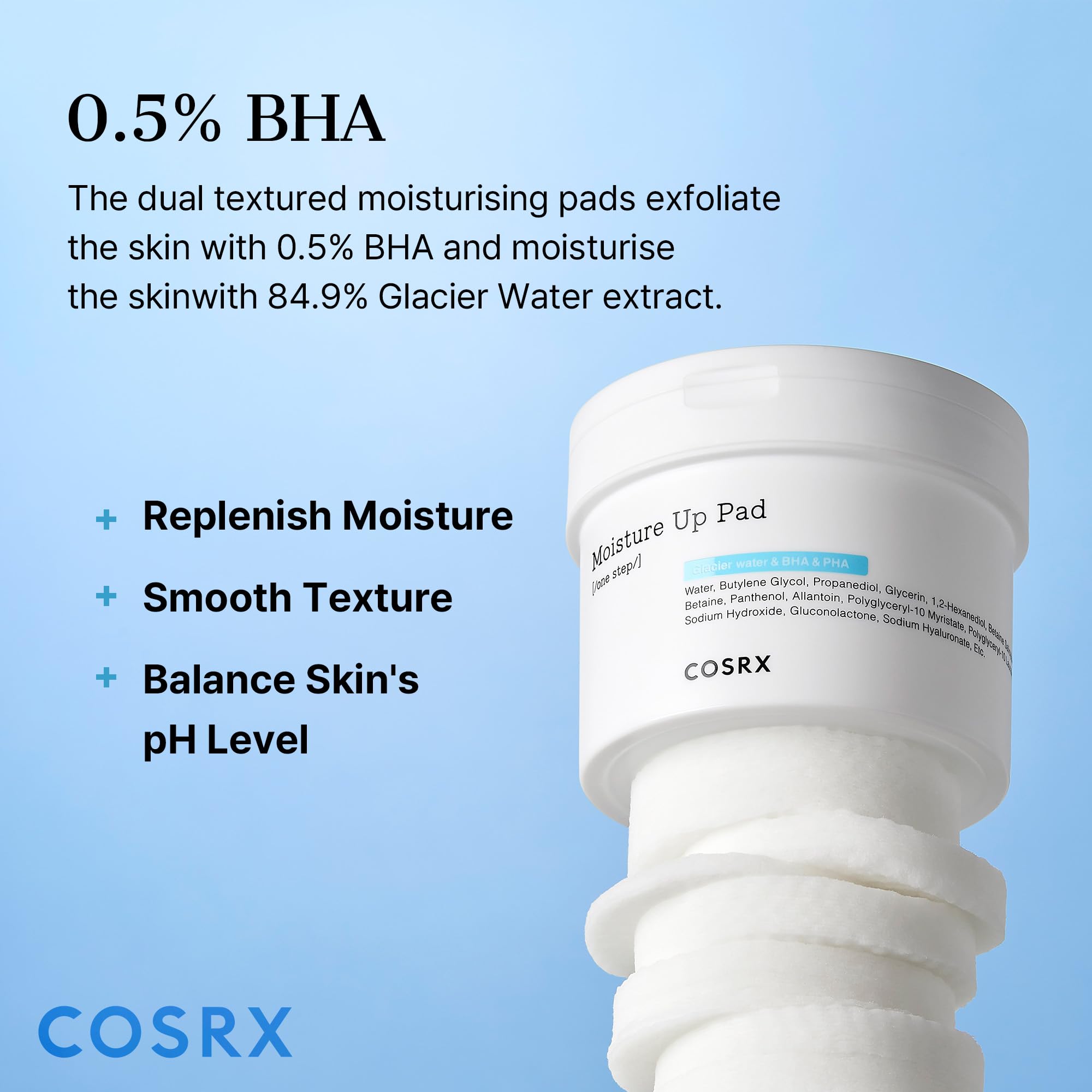 COSRX Moisture Up Pads embossed side in use for exfoliating and prepping skin.