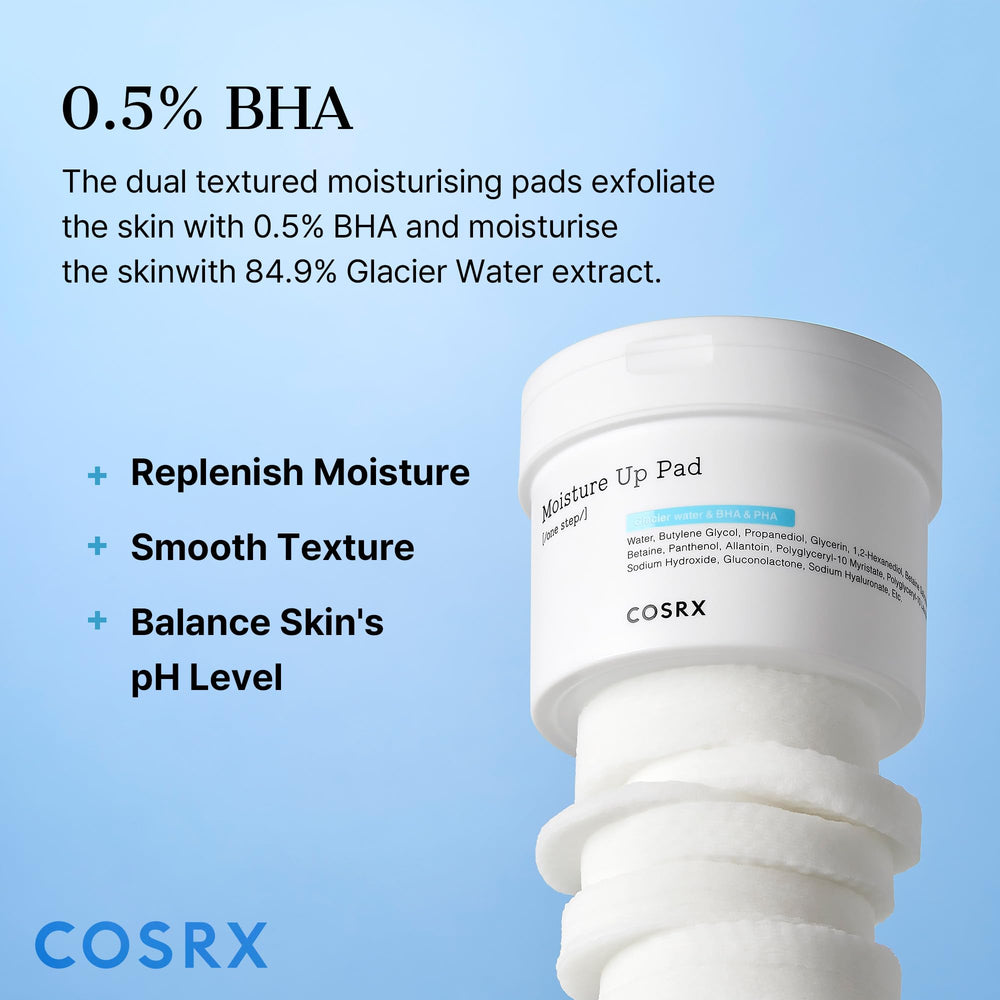 COSRX Moisture Up Pads embossed side in use for exfoliating and prepping skin.