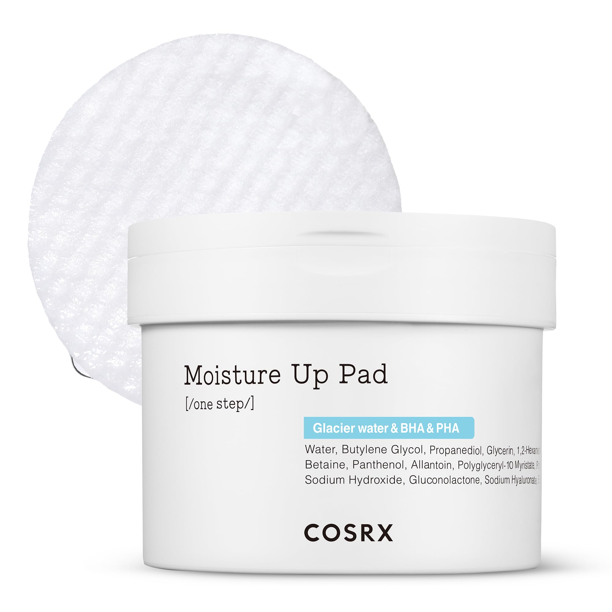 COSRX Moisture Up Pads packaging front view, 70 sheets for daily exfoliation and hydration.