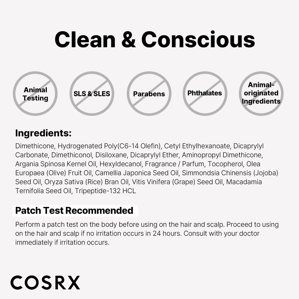 Fórmula libre de SLS/SLES y parabenos en COSRX Peptide 132 Hair Bonding Oil Serum